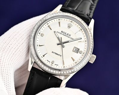 Rolex Oyster Perpetual Date Japanese Movement 40mm 316L Steel White Face Calfskin Strap Watch